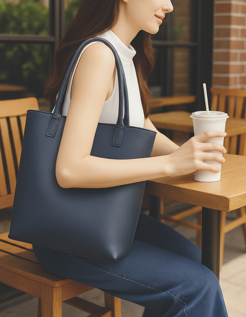 手作皮革拖特包 灰藍色